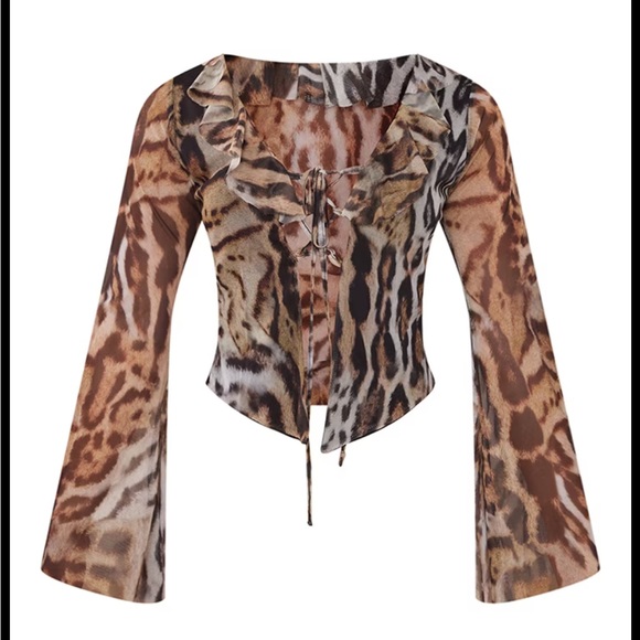 NEW PLT Mesh Ruffle Tie Front Blouse ~Leopard Print - Picture 7 of 16